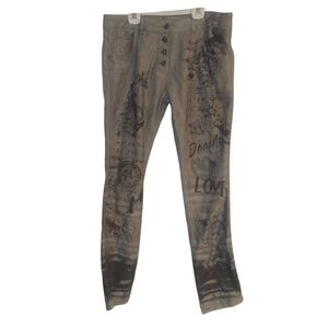 Printed Graphic Art Jeans Italian Button Fly  Mid-Rise 34 Waistband